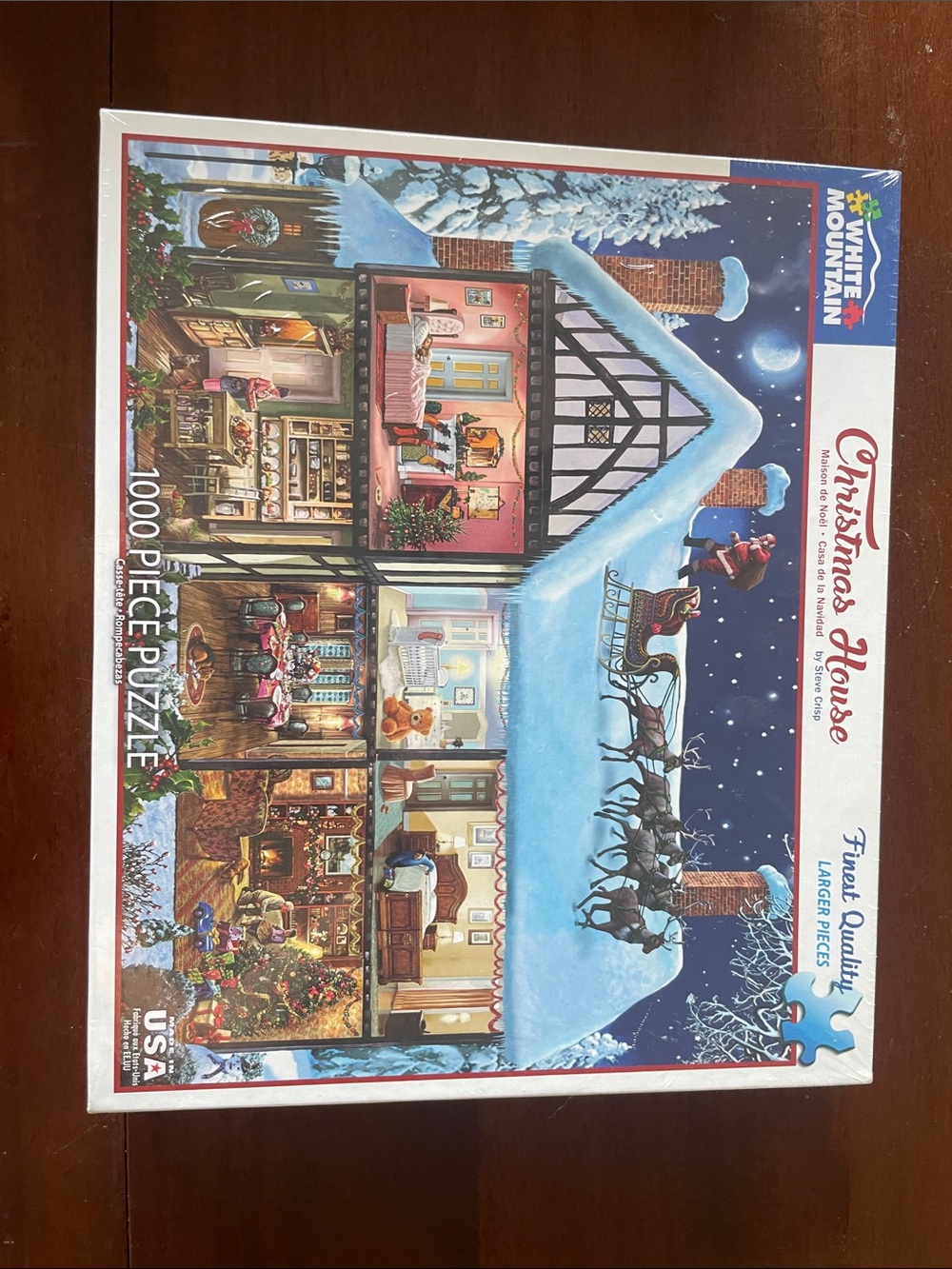 White Mountain Christmas House Puzzle - Blue, Red, White, Brown